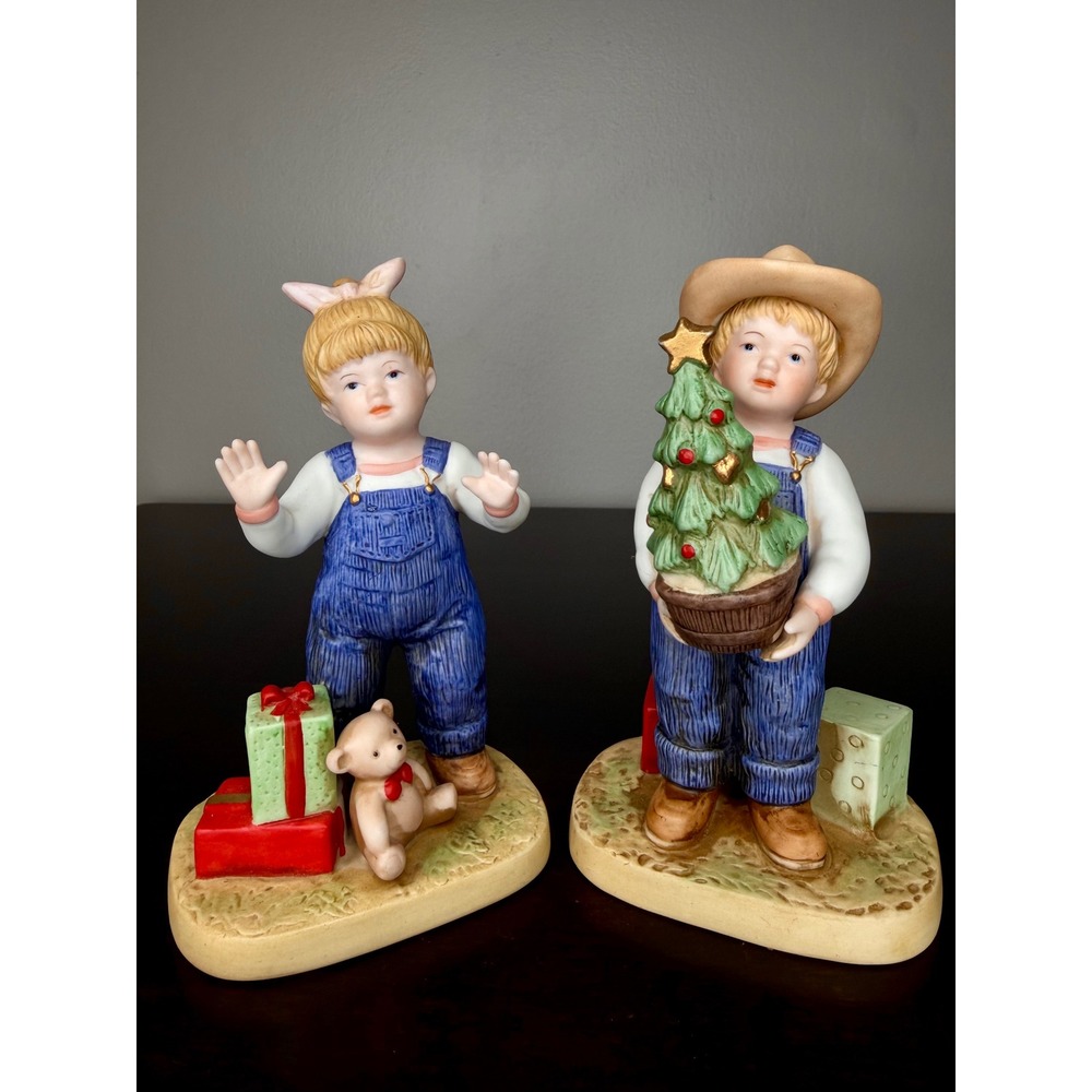 Vintage Homco Denim Days Christmas Figurines 1523 Boy Girl Porcelain 1985 Set‎ 2